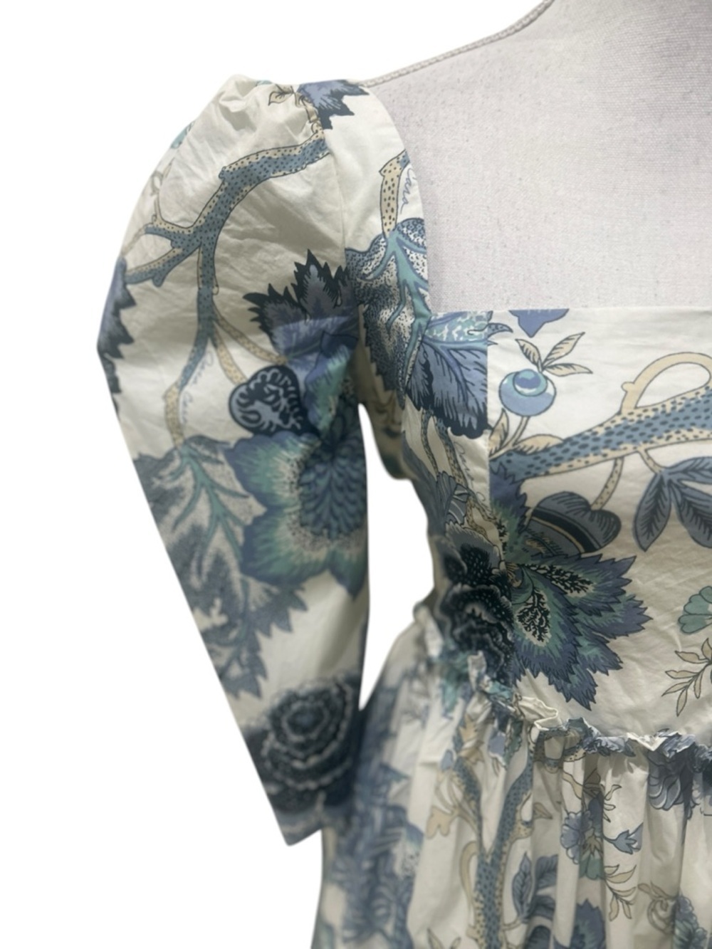 Cara Cara Blue & Cream Floral Square-Neck Midi Dress puff sleeve ruffle hem 2 - Picture 7 of 14